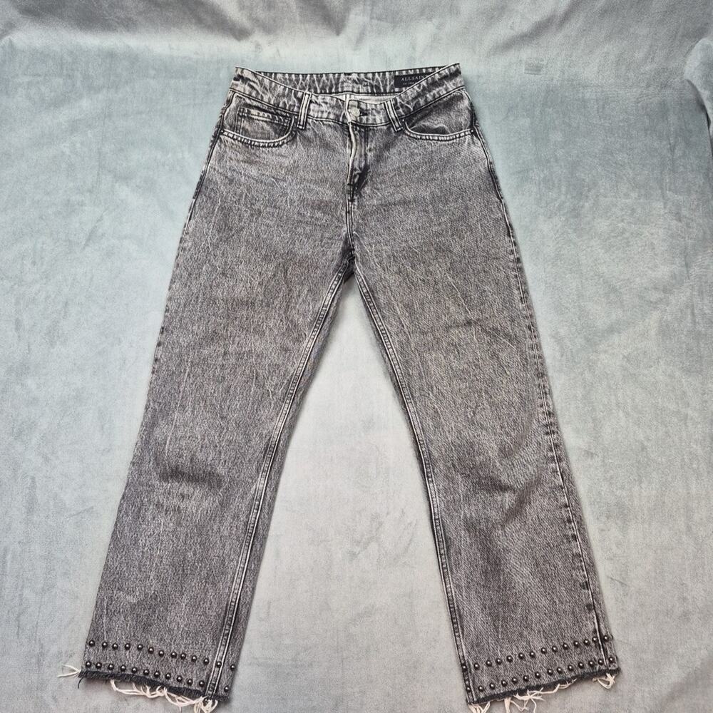All Saints Ava Goth Grunge Stud Hem Black Acid Wash Straight Crop Jeans Size 29